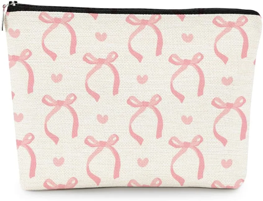 EXUQO Coquette Pink Bow Makeup Bag,Coquette Stuff Preppy Bags,Trendy Coquette Gift Cosmetic Bag,Pouch Gift for Teen Girls Women,Aesthetic Makeup Bag