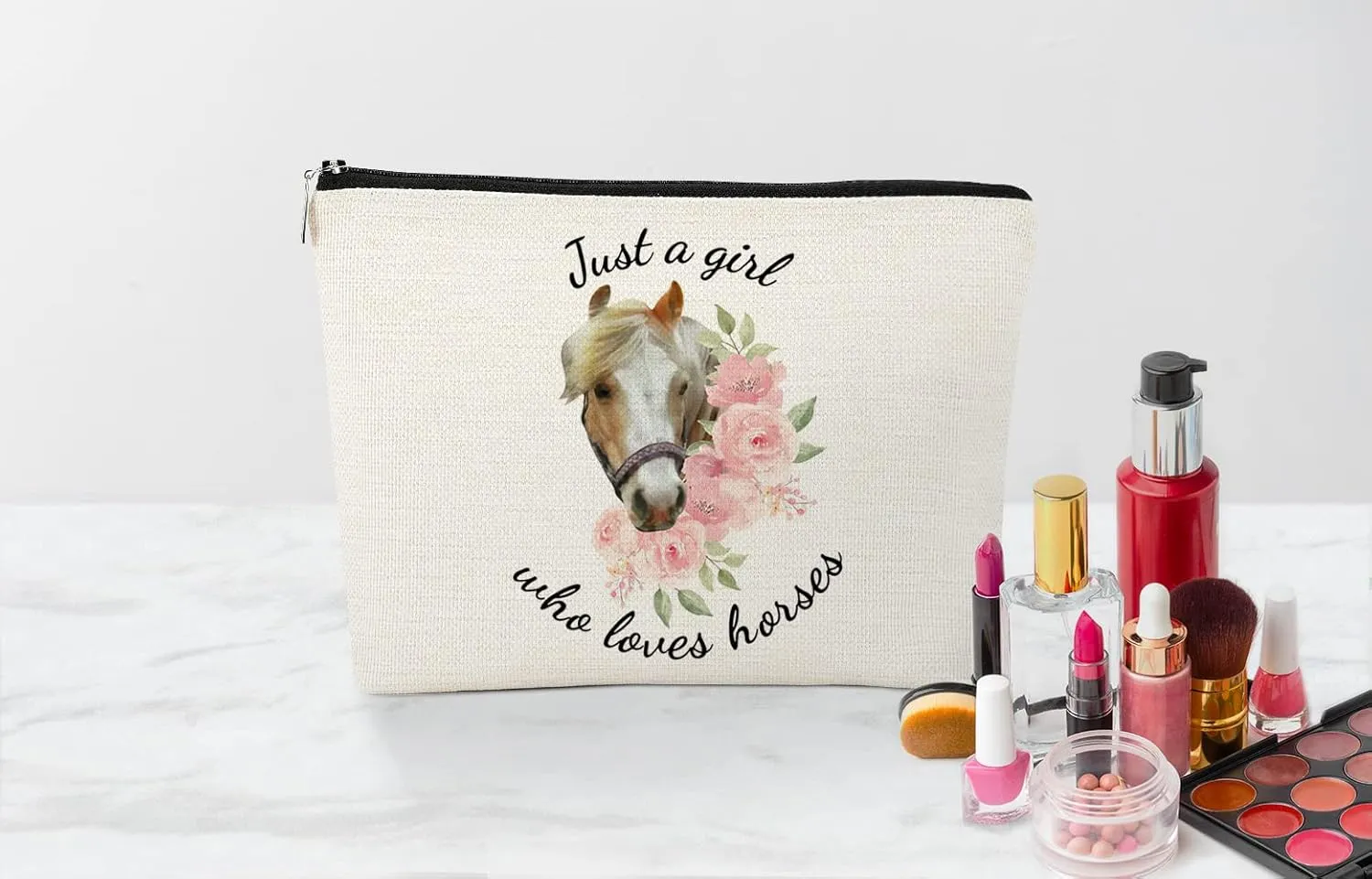 EXUQO Horse Lovers Gift Set - Funny Makeup Bag, Cute Cosmetic Pouch, Zipper Purse for Travel