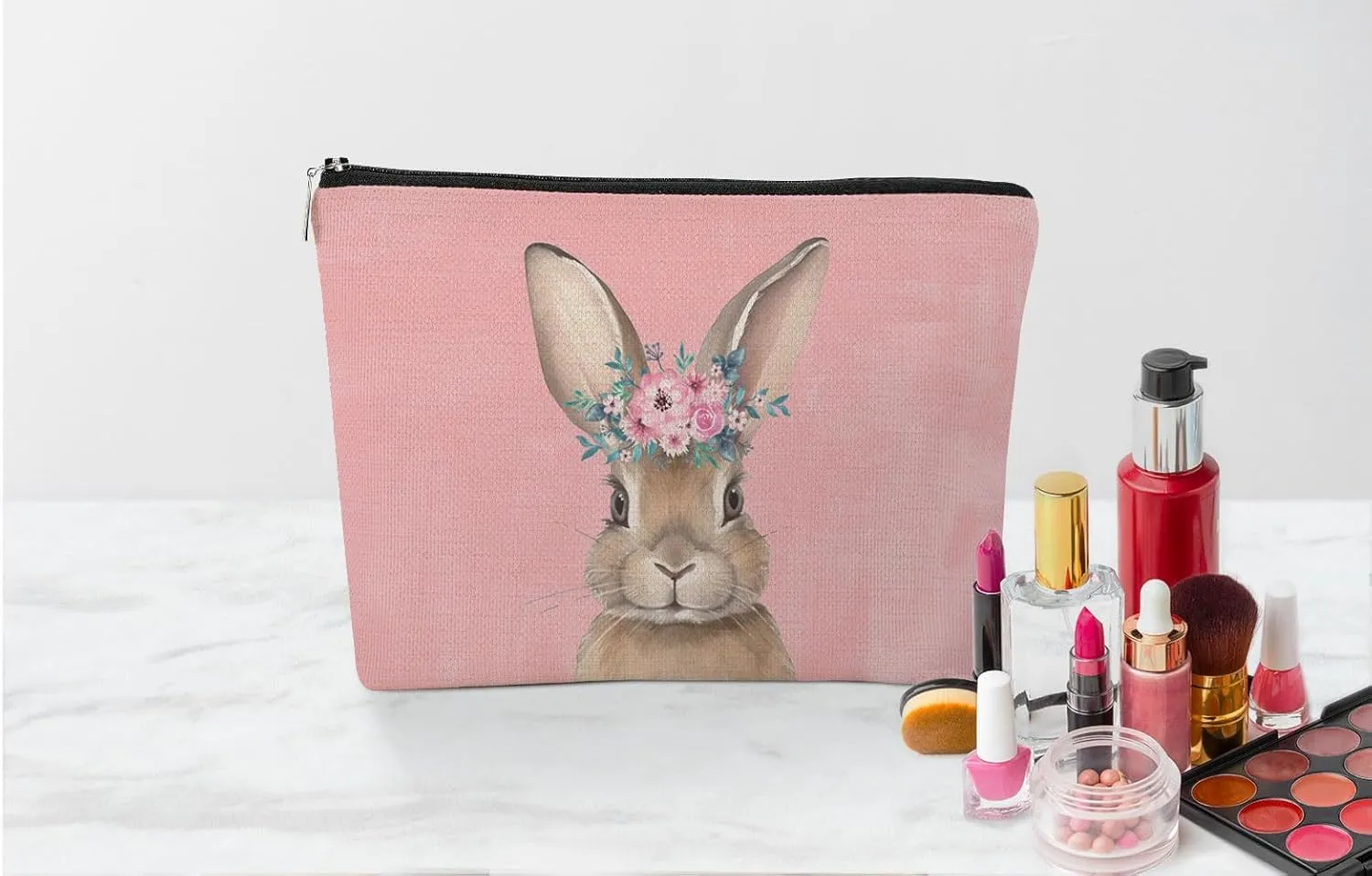 EXUQO Pink Easter Small Makeup Bag,Bunny Gifts Cosmetic Bag,Birthday Gifts for Bunny Lovers Friends Sisters Coworkers,Aesthetic Makeup Pouch