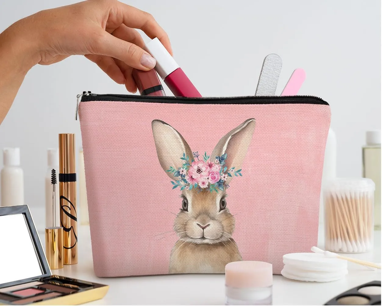 EXUQO Pink Easter Small Makeup Bag,Bunny Gifts Cosmetic Bag,Birthday Gifts for Bunny Lovers Friends Sisters Coworkers,Aesthetic Makeup Pouch