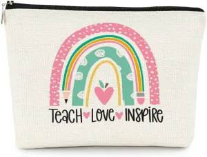 EXUQO Teacher Gifts,Teacher Makeup Bag,Appreciation Thank You Gifts for Teacher,Teach Love Inspire Pink Rainbow Teacher Gifts Cosmetic Bag,Teachers Day Gift,Birthday Gift Cosmetic Bag Organizer