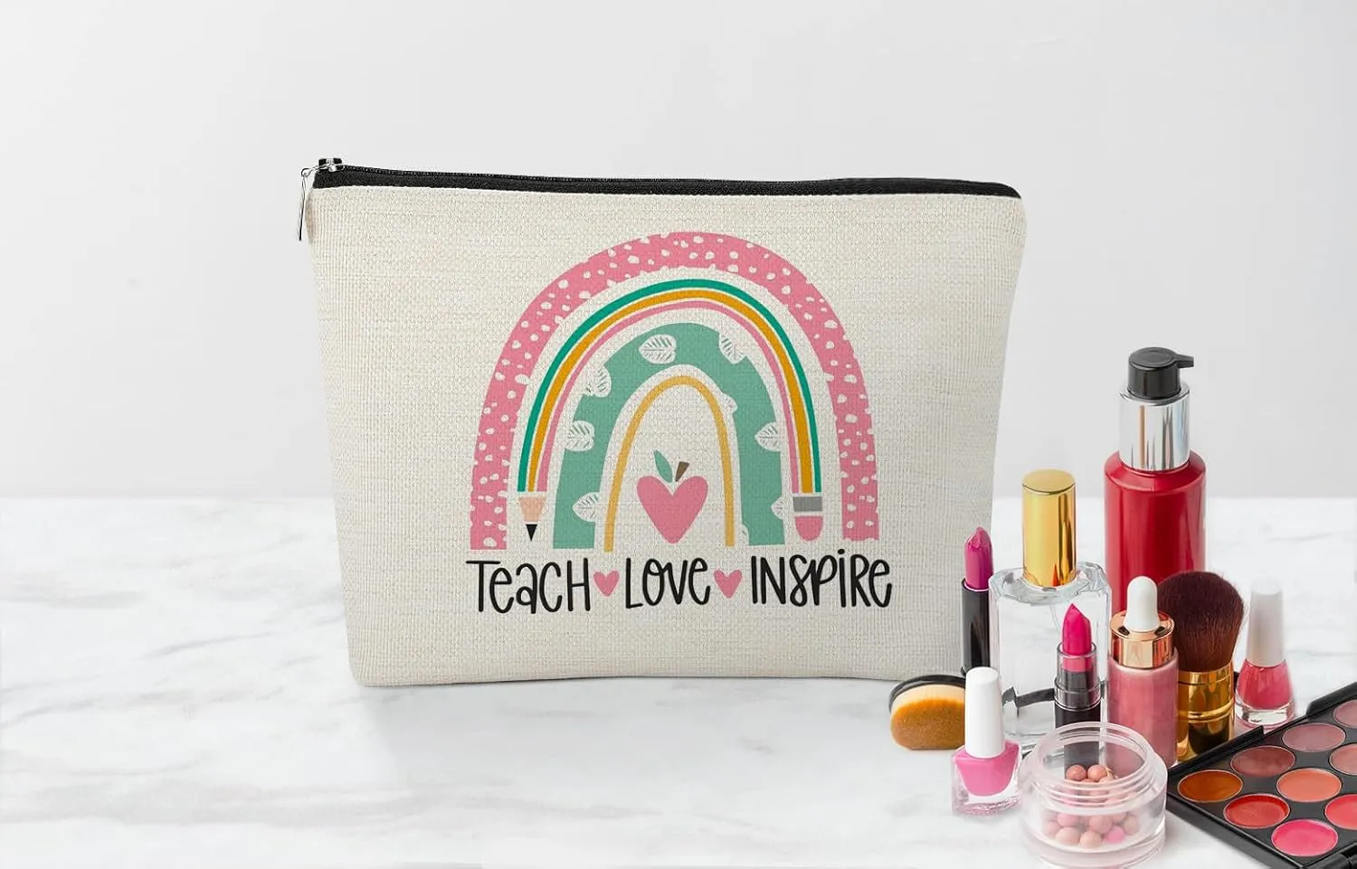 EXUQO Teacher Gifts,Teacher Makeup Bag,Appreciation Thank You Gifts for Teacher,Teach Love Inspire Pink Rainbow Teacher Gifts Cosmetic Bag,Teachers Day Gift,Birthday Gift Cosmetic Bag Organizer
