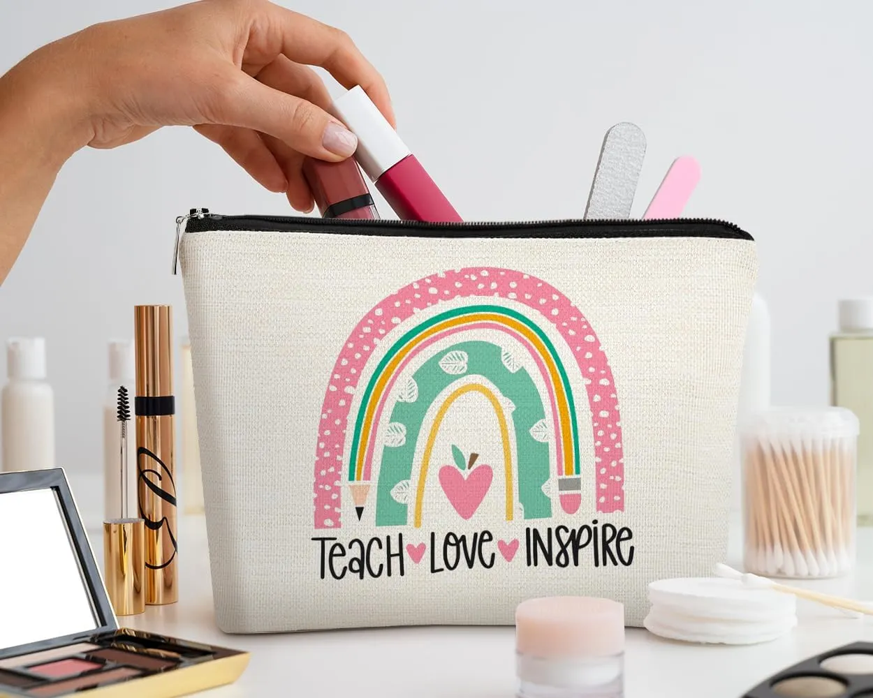 EXUQO Teacher Gifts,Teacher Makeup Bag,Appreciation Thank You Gifts for Teacher,Teach Love Inspire Pink Rainbow Teacher Gifts Cosmetic Bag,Teachers Day Gift,Birthday Gift Cosmetic Bag Organizer