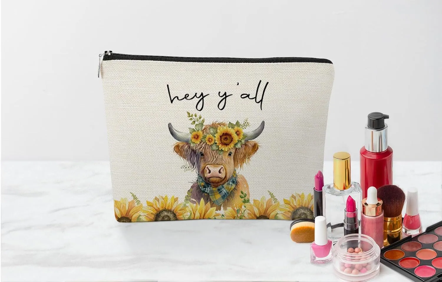 EXUQO Western Cow Gifts for Cows Lover Small Makeup Bag,Yellow Flower Cosmetic Bag Pouch for Mother Sister Friends Women Girls