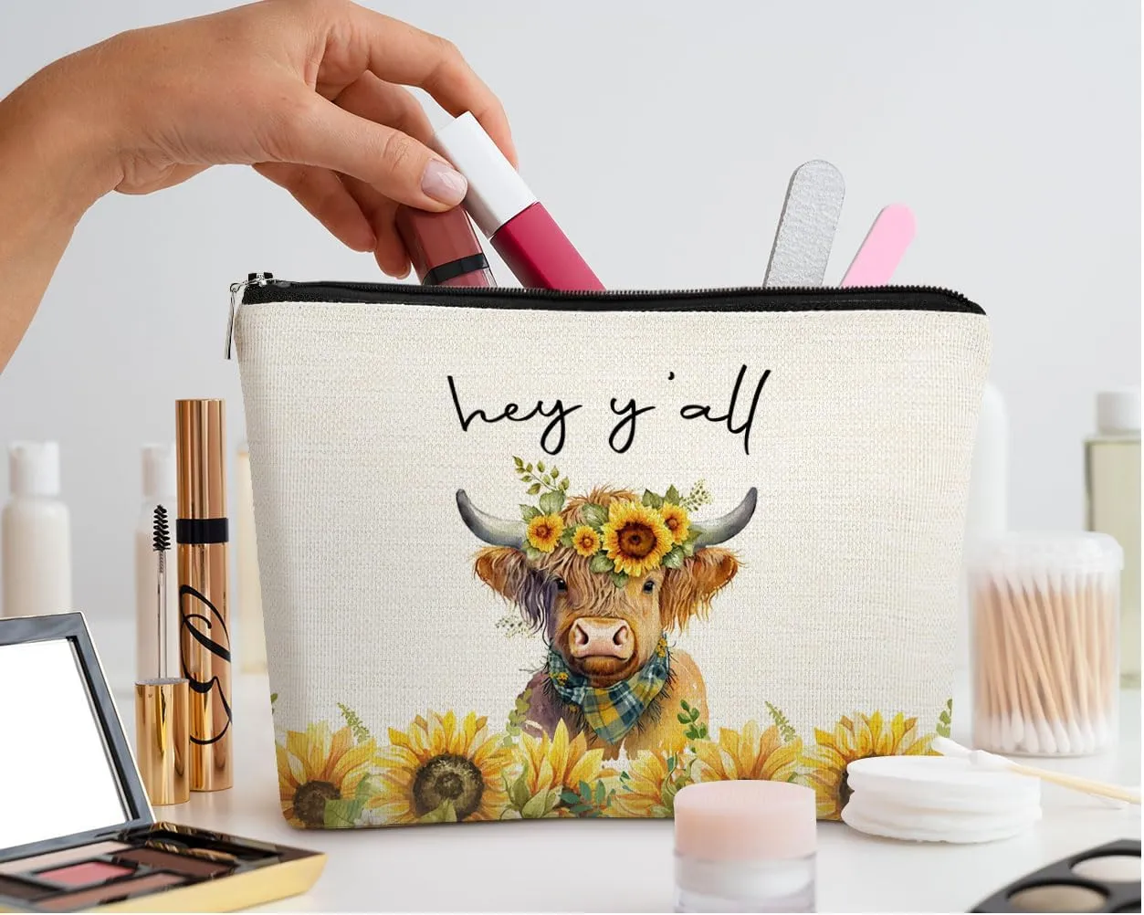 EXUQO Western Cow Gifts for Cows Lover Small Makeup Bag,Yellow Flower Cosmetic Bag Pouch for Mother Sister Friends Women Girls