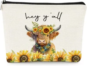 EXUQO Western Cow Gifts for Cows Lover Small Makeup Bag,Yellow Flower Cosmetic Bag Pouch for Mother Sister Friends Women Girls