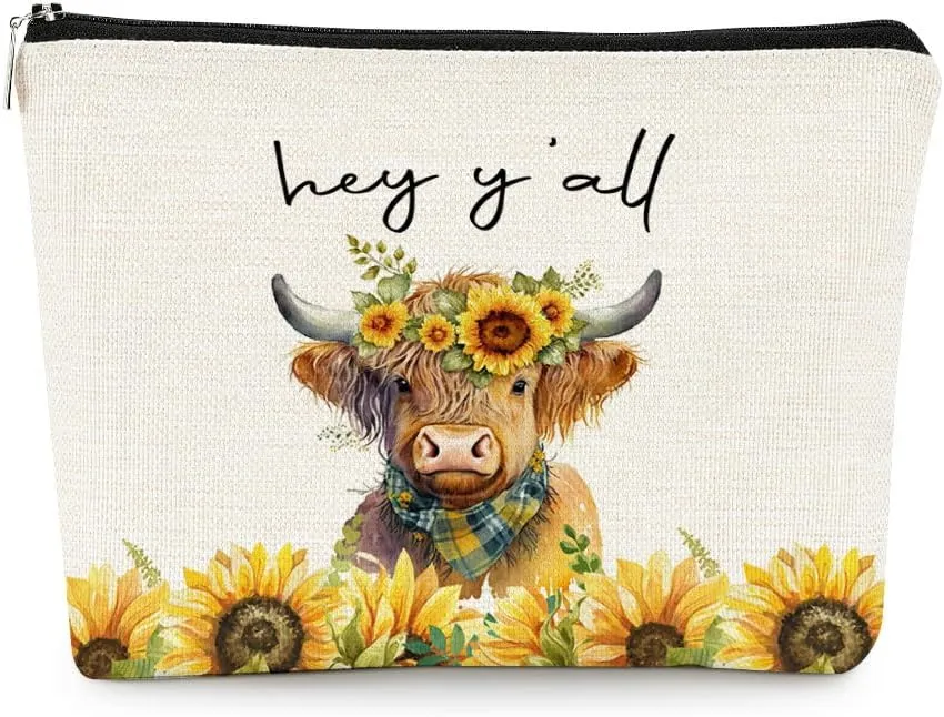 EXUQO Western Cow Gifts for Cows Lover Small Makeup Bag,Yellow Flower Cosmetic Bag Pouch for Mother Sister Friends Women Girls