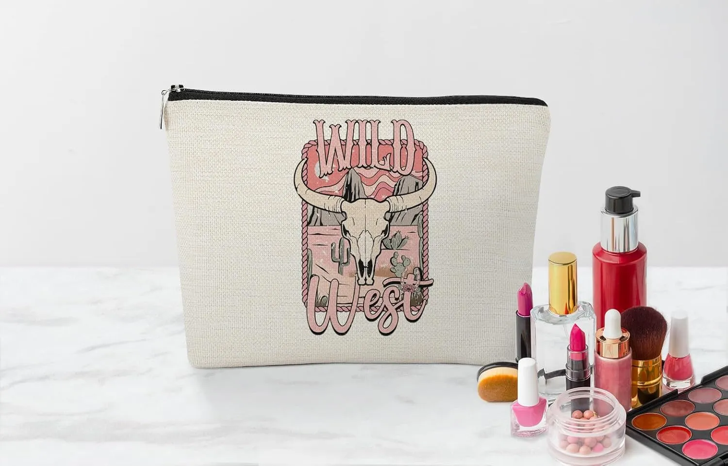 EXUQO Western Gifts Small Makeup Bag,Cowgirl Trendy Retro Wild West Cosmetic Bag,Gifts for Teen Girls Women,Zipper Cosmetic Pouch Bag Travel Makeup Organizer