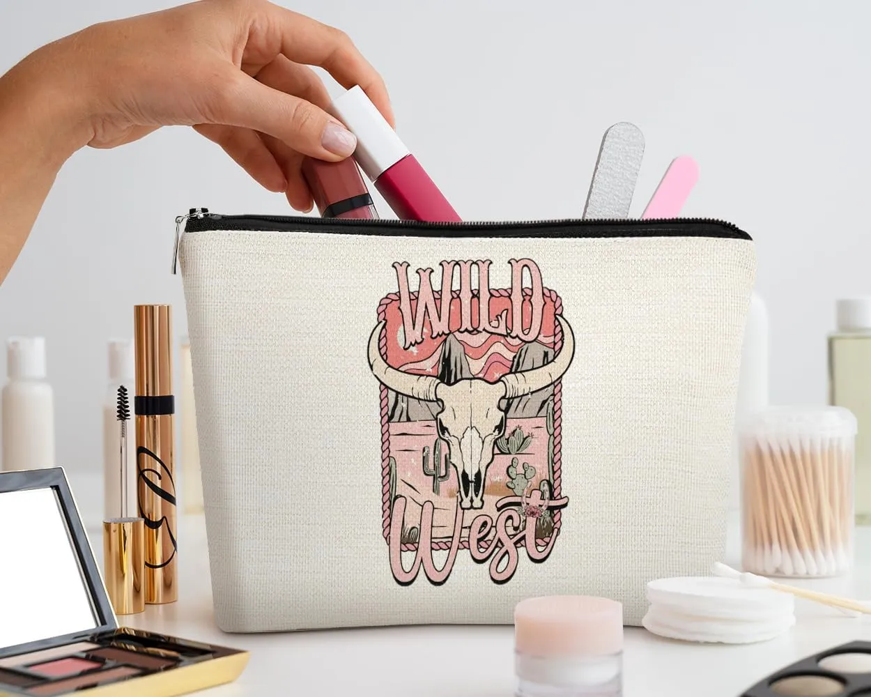 EXUQO Western Gifts Small Makeup Bag,Cowgirl Trendy Retro Wild West Cosmetic Bag,Gifts for Teen Girls Women,Zipper Cosmetic Pouch Bag Travel Makeup Organizer