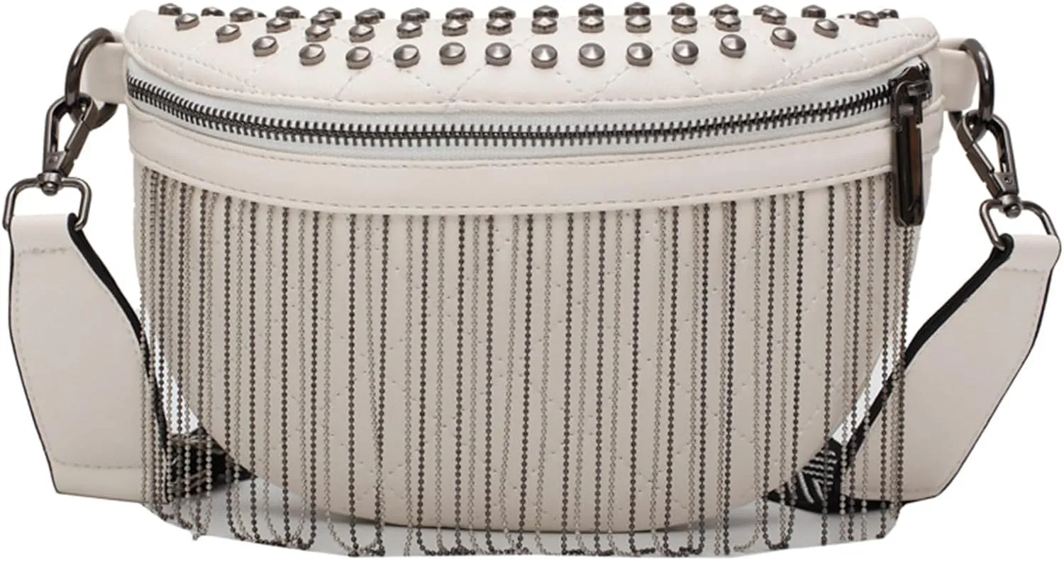 Fanny Pack Crossbody Chest Bags for Women, Faux Leather Fringe Quilted Waist Belt Bum Bag Rivet Studded Tassel Shoulder Purse (JSBag01-2)