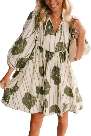 Floral Cocktail Dress for Women V-Neck Mini Long Puff Sleeve Short Ruffle Casual Dress S~XL
