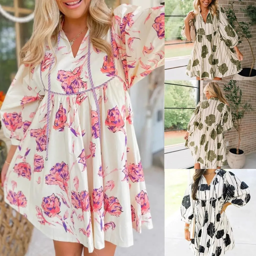 Floral Cocktail Dress for Women V-Neck Mini Long Puff Sleeve Short Ruffle Casual Dress S~XL