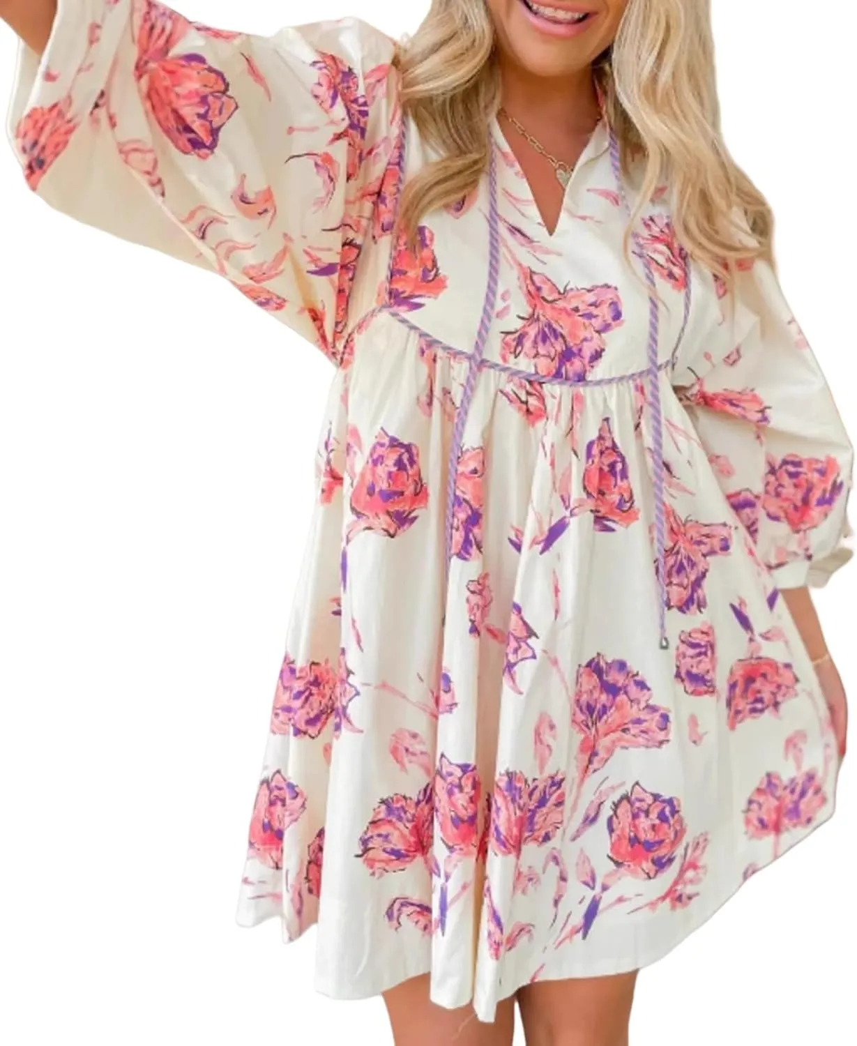 Floral Cocktail Dress for Women V-Neck Mini Long Puff Sleeve Short Ruffle Casual Dress S~XL