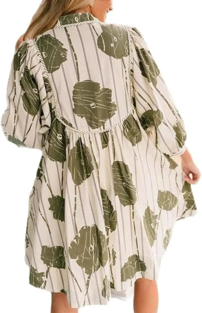 Floral Cocktail Dress for Women V-Neck Mini Long Puff Sleeve Short Ruffle Casual Dress S~XL