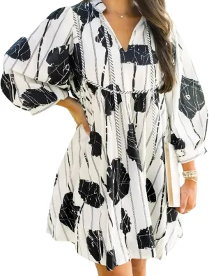 Floral Cocktail Dress for Women V-Neck Mini Long Puff Sleeve Short Ruffle Casual Dress S~XL