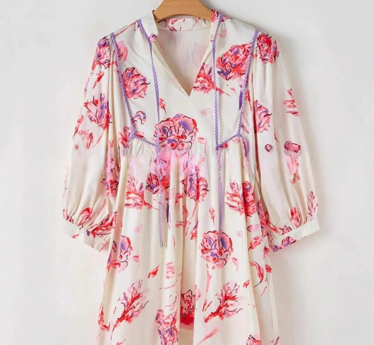 Floral Cocktail Dress for Women V-Neck Mini Long Puff Sleeve Short Ruffle Casual Dress S~XL