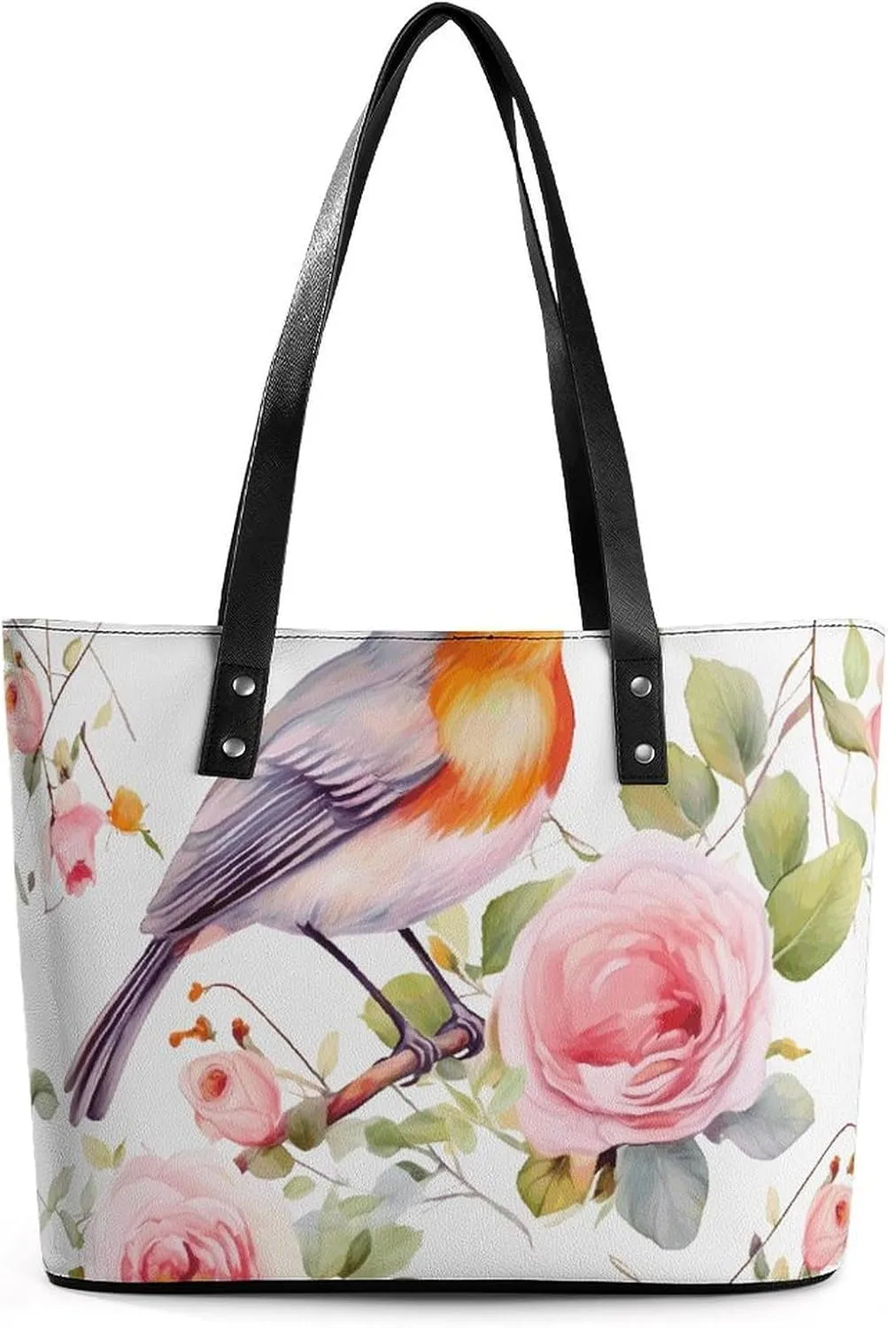 Floral Print Watercolor Robin Bird Leather Lady's Handbag Crossbody Purse for Women Ladies Soft Shoulder Bag Medium Roomy Handbag Fashion Tote Top Handle Satchel