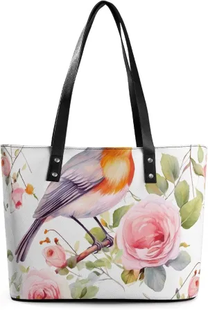 Floral Print Watercolor Robin Bird Leather Lady's Handbag Crossbody Purse for Women Ladies Soft Shoulder Bag Medium Roomy Handbag Fashion Tote Top Handle Satchel