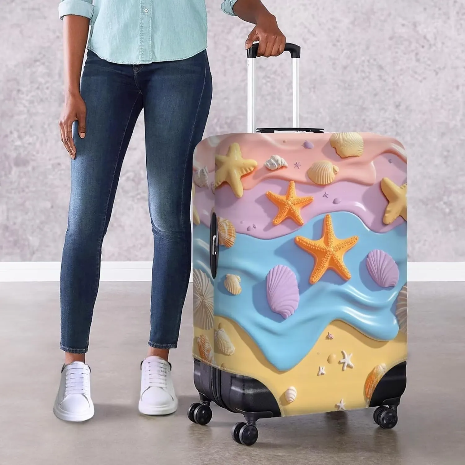 FOR U DESIGNS Carry on Luggage Cover Protector 18-21 Inch Elastic Cute Starfish Suitcase Sleeves for Weekend Trips Quick Install Anti-Scratch Luggage Protector