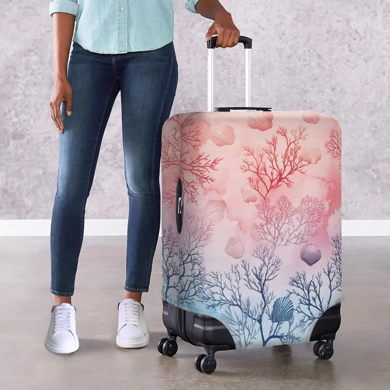FOR U DESIGNS Coral Luggage Cover Protector 18-21 Inch Carry on Luggage Cover for Weekend Trips Stretchy Scratch-Resistant Easy Install Foldable Travel Supplies