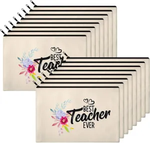 Frienda 16 Pieces Teacher Makeup Bag Multipurpose Cosmetic Bag Teacher Travel Toiletry Pouch Teacher Gift Canvas Bags with Zipper for Women Teacher(Flower Pattern)