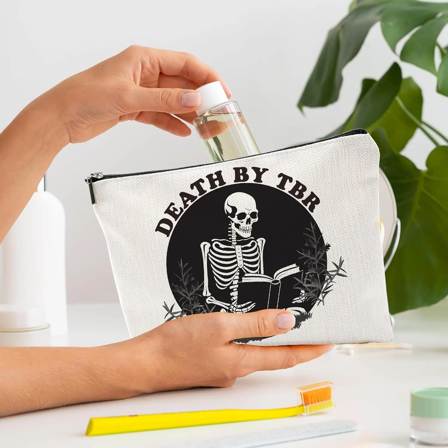Funny Make Up Bags For Women, Toiletry Bags For Traveling Women, Small Makeup Pouch, Death By TBR, Make Up Travel Bag Organizer, Cosmetic Travel Bag Book Lover Gifts (A13)