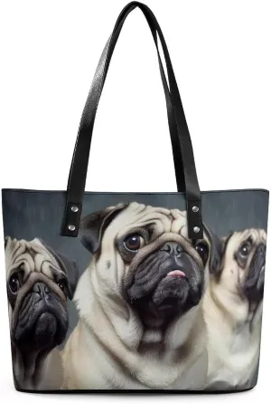 Funny Pug Dog Leather Lady's Handbag Crossbody Purse for Women Ladies Soft Shoulder Bag Medium Roomy Handbag Fashion Tote Top Handle Satchel