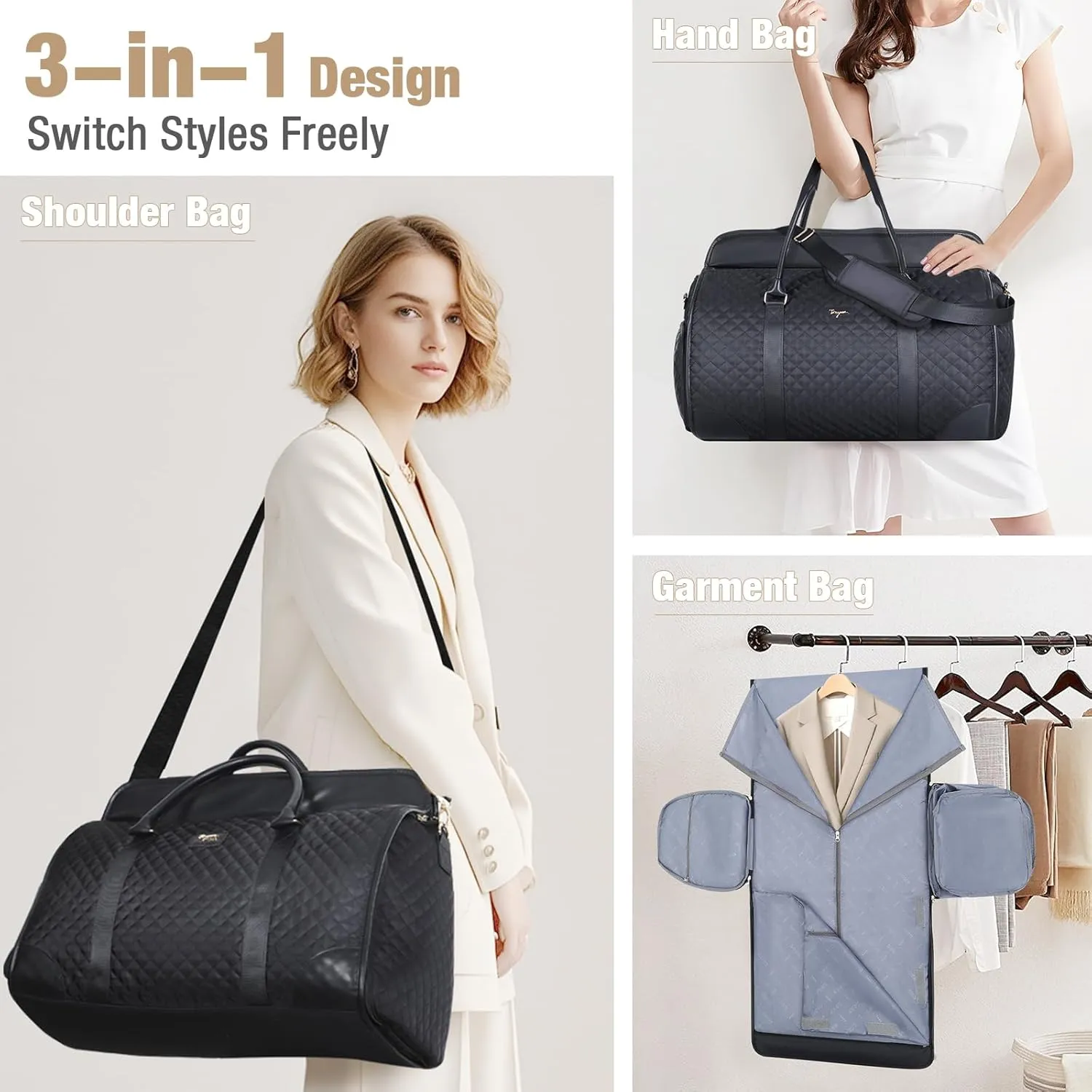 Garment Bag for Travel, 3 in 1 Convertible Jenni Bag Roomy Design Duffle Suit Bags with Water-Resistant Shoe Pouch, Overnight Halfday Weekender Bags for Women Hanging Clothes