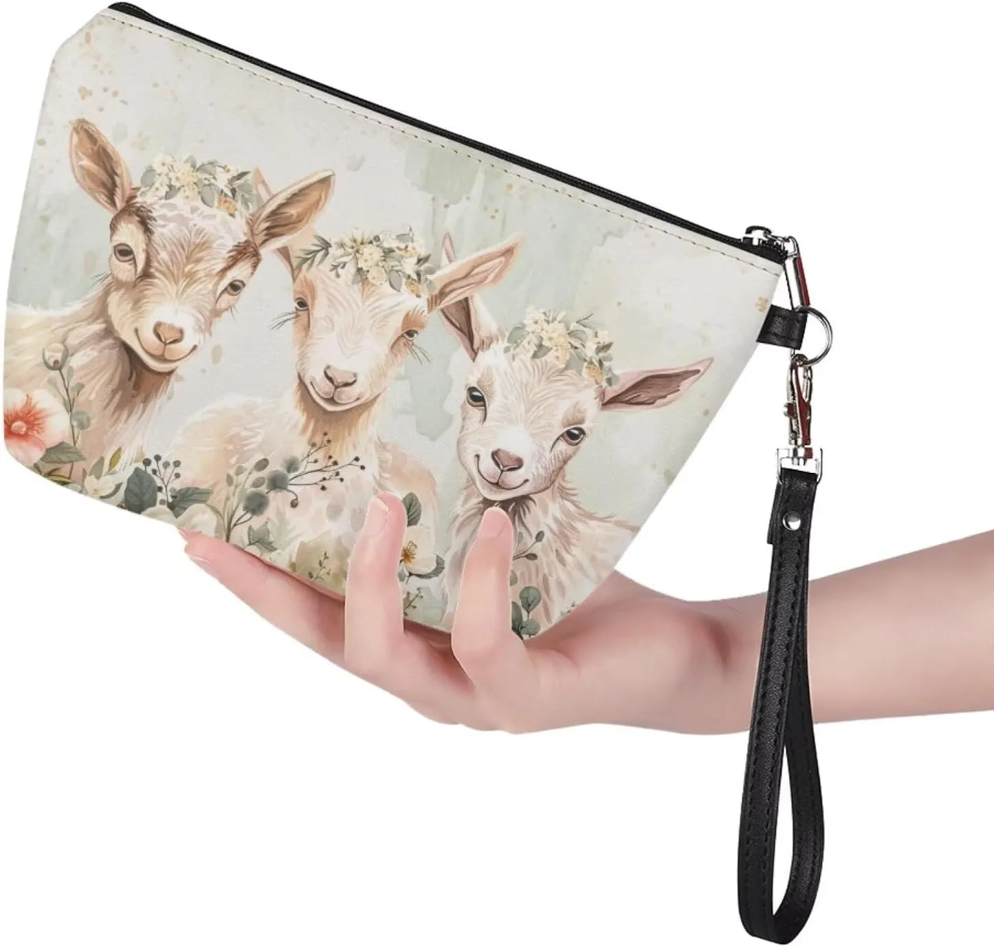 Goat Floral Print Cosmetic Bag for Women, Roomy Leather Makeup Bag with Zipper, Outdoor Travel Accessories Waterproof Toiletry Bag Purse, Green
