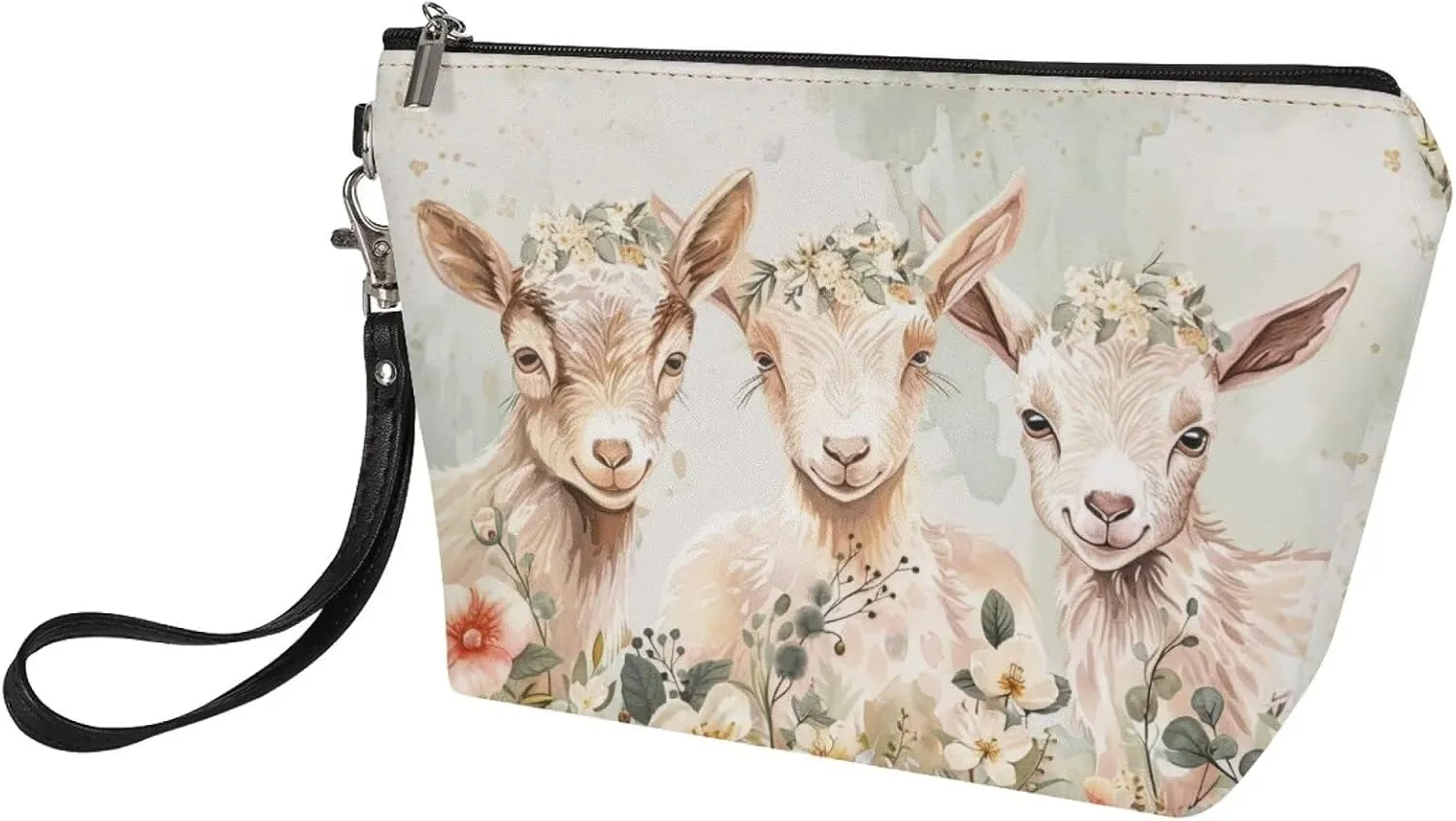 Goat Floral Print Cosmetic Bag for Women, Roomy Leather Makeup Bag with Zipper, Outdoor Travel Accessories Waterproof Toiletry Bag Purse, Green