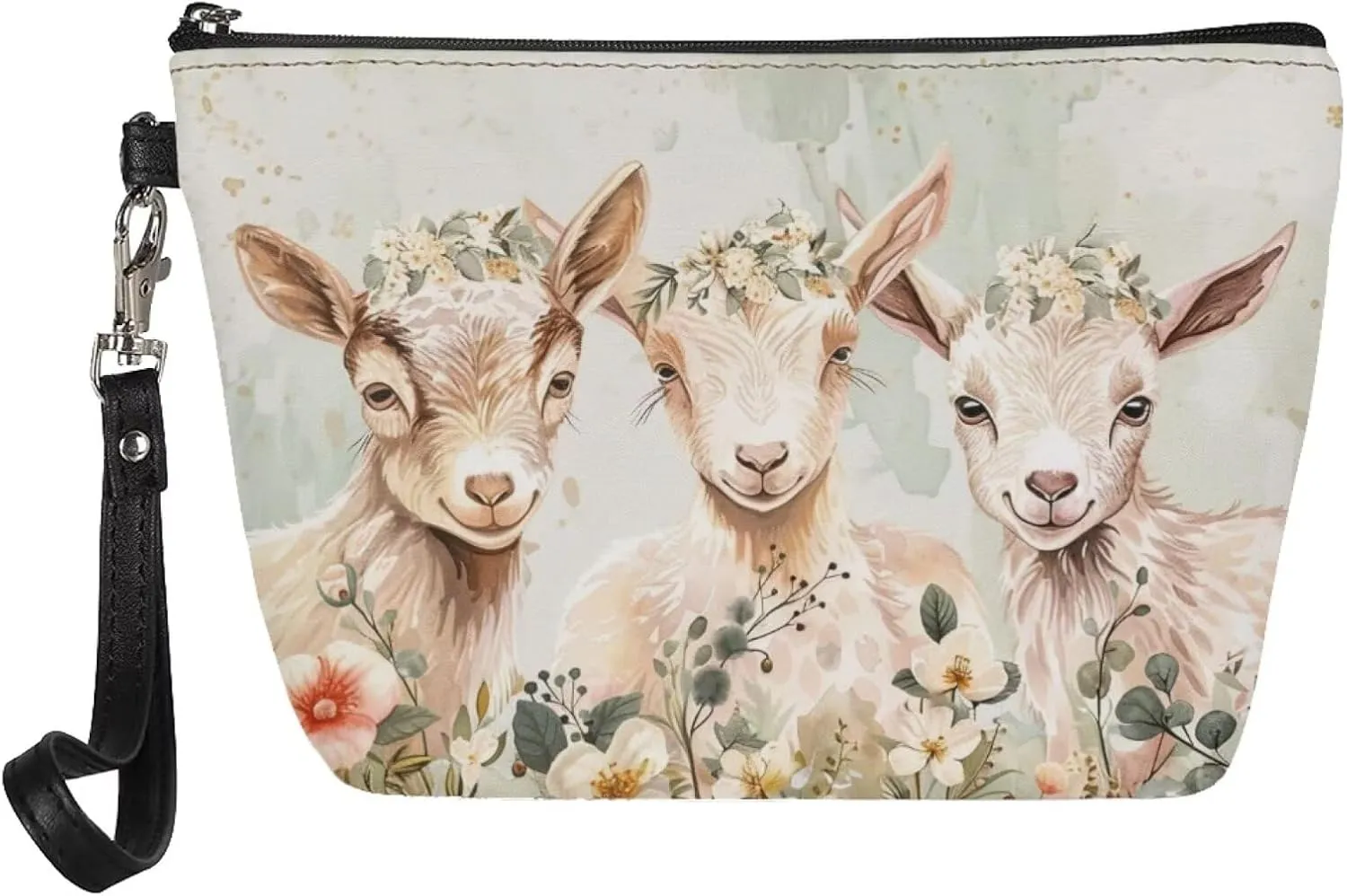 Goat Floral Print Cosmetic Bag for Women, Roomy Leather Makeup Bag with Zipper, Outdoor Travel Accessories Waterproof Toiletry Bag Purse, Green