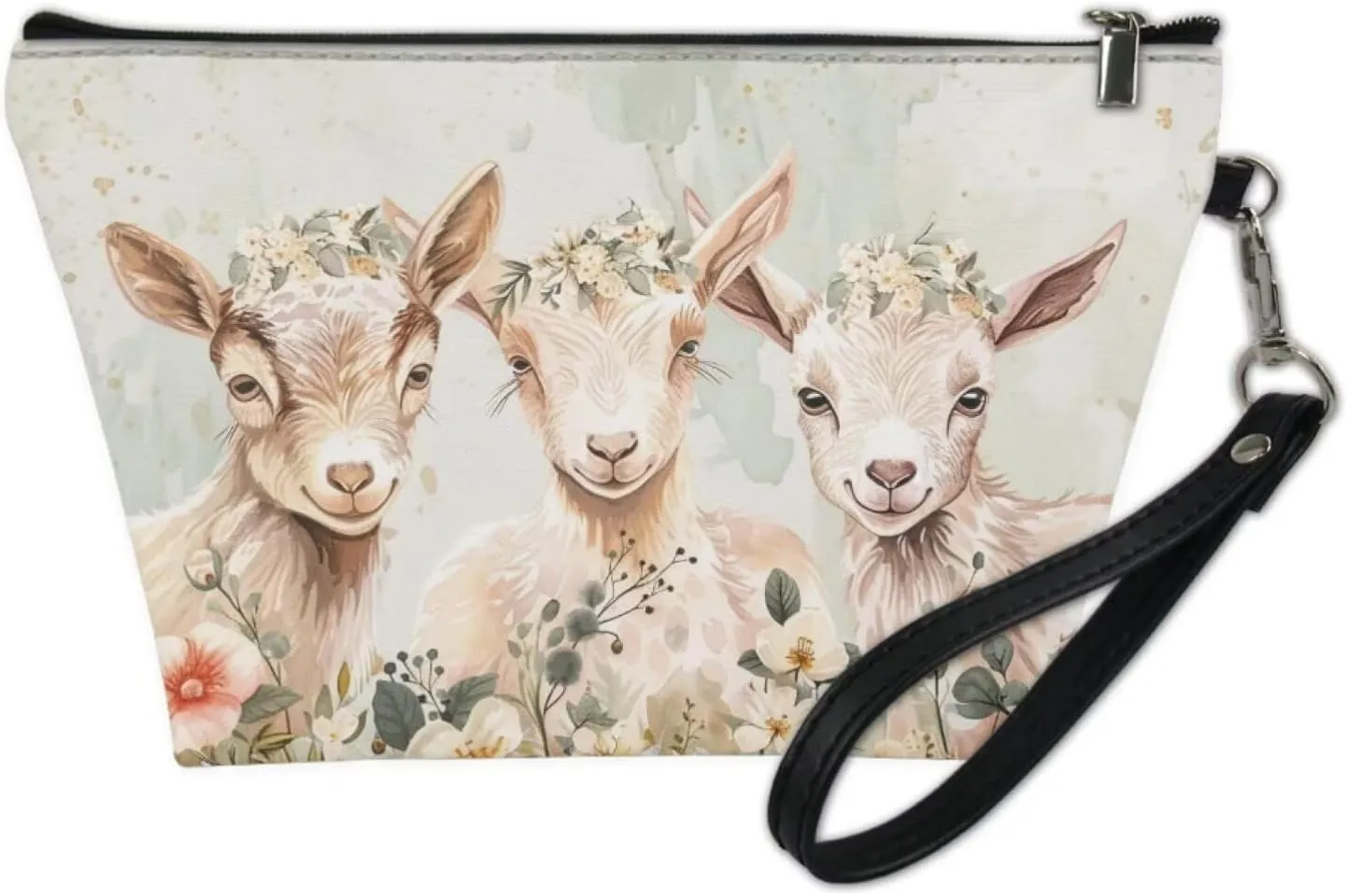 Goat Floral Print Cosmetic Bag for Women, Roomy Leather Makeup Bag with Zipper, Outdoor Travel Accessories Waterproof Toiletry Bag Purse, Green