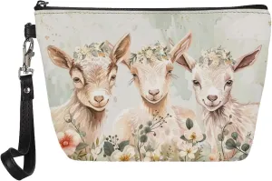 Goat Floral Print Cosmetic Bag for Women, Roomy Leather Makeup Bag with Zipper, Outdoor Travel Accessories Waterproof Toiletry Bag Purse, Green