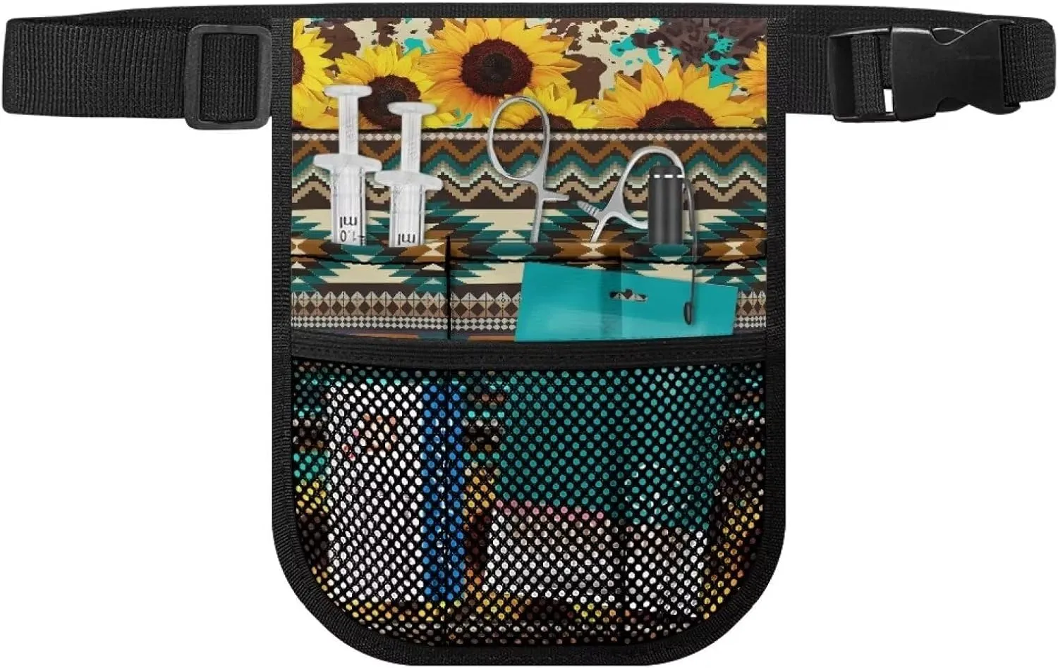 Gomyblomy Aztec Sunflower Print Nurse Waist Pack with Gear Pocket, Kit Practical Nursing Fanny Pack Utility Tool Belt Organizer for Stethoscope, Bandage Scissors and Other Supplies