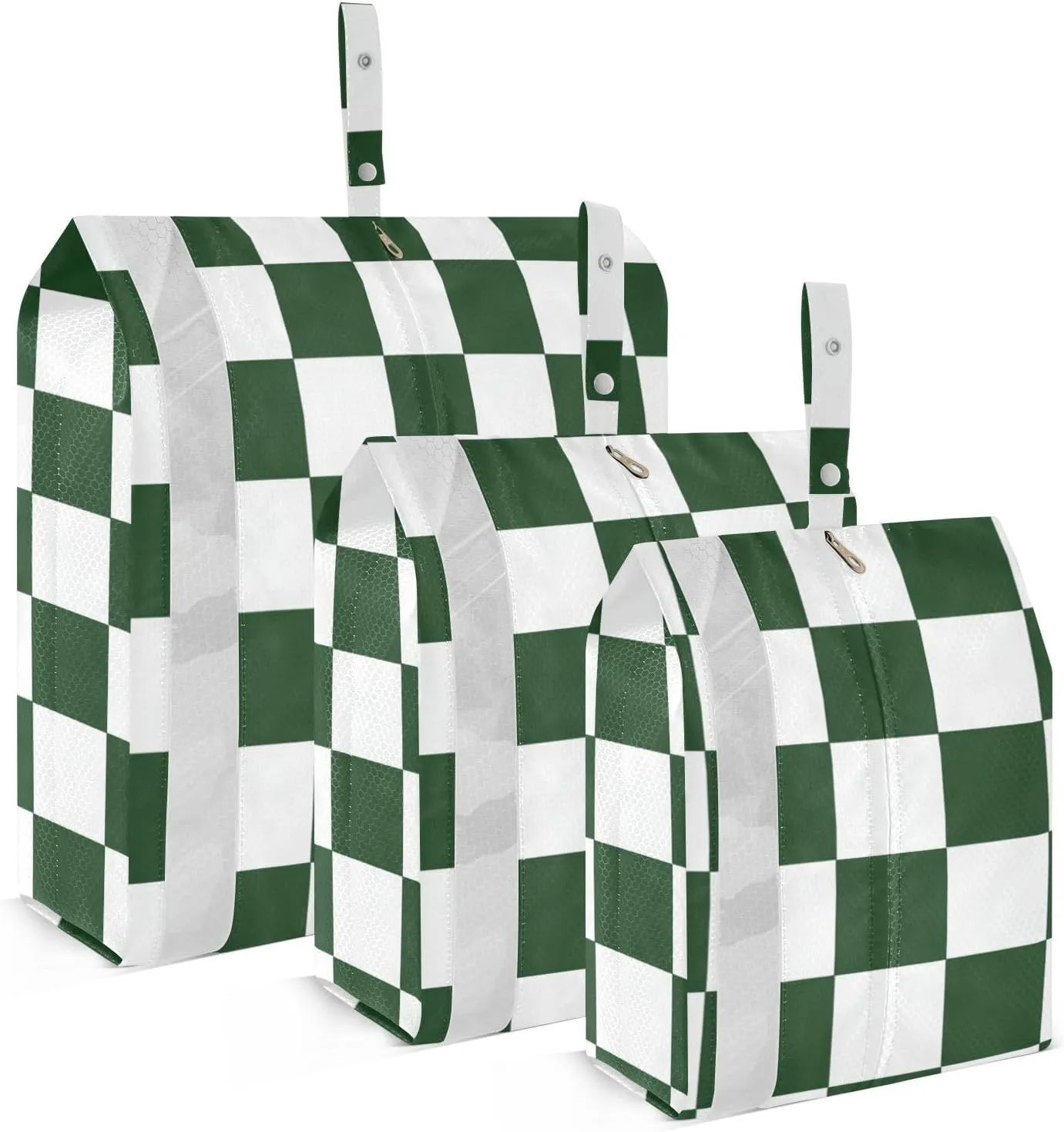Green and White Checkered Pattern 3 Set Travel Packing Cubes For Suitcases Stackable Garment Bag Closet Storage Ziplock Bags Space Saving
