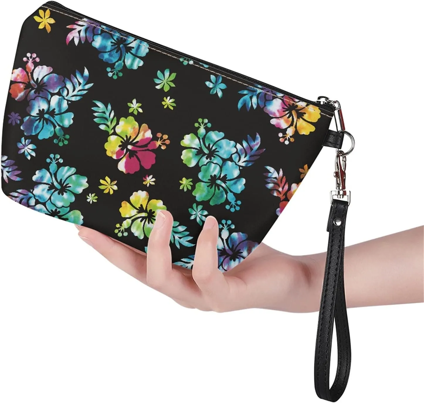Hibiscus Cosmetic Bag Leather Makeup Bags Roomy Purse Storage Pouch Summer Beach Bag Hawaiian Flower Toiletry Kit Organzier for Women Girls Gifts Travel Accessories Clutch Handbag Floral