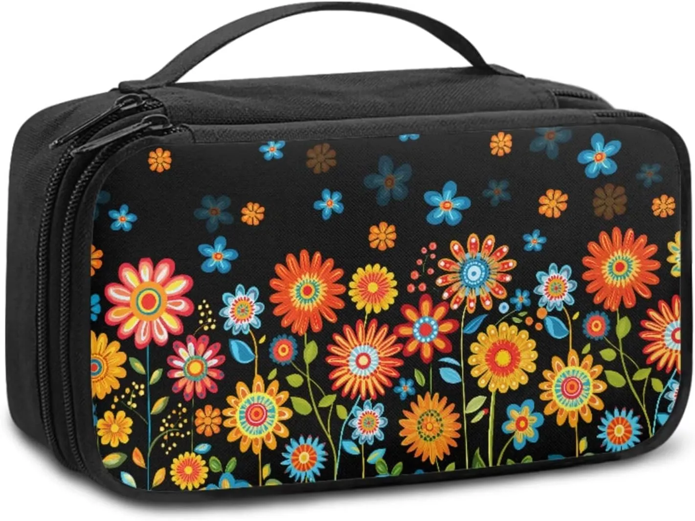 Hippie Daisy Makeup Bag for Global Explorers Travel Square Cosmetic Organizer with 8 Loops & 4 Pockets | Personalized Gifts for Women, Teens | Compact Makeup Bag for Purse & Adventures