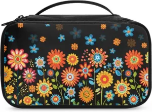 Hippie Daisy Makeup Bag for Global Explorers Travel Square Cosmetic Organizer with 8 Loops & 4 Pockets | Personalized Gifts for Women, Teens | Compact Makeup Bag for Purse & Adventures