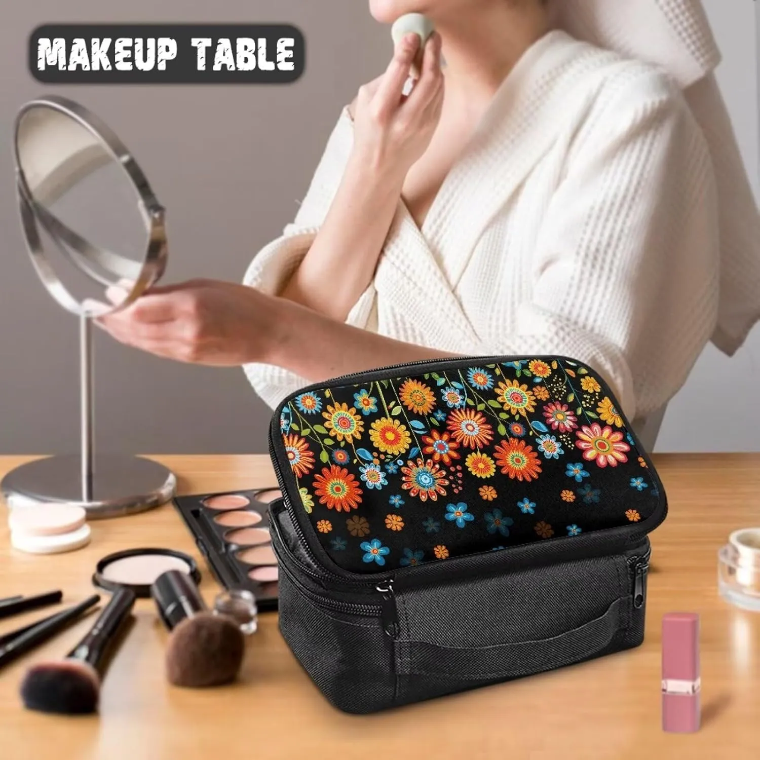 Hippie Daisy Makeup Bag for Global Explorers Travel Square Cosmetic Organizer with 8 Loops & 4 Pockets | Personalized Gifts for Women, Teens | Compact Makeup Bag for Purse & Adventures