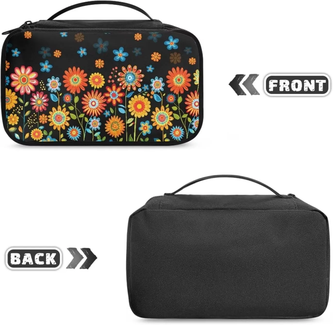 Hippie Daisy Makeup Bag for Global Explorers Travel Square Cosmetic Organizer with 8 Loops & 4 Pockets | Personalized Gifts for Women, Teens | Compact Makeup Bag for Purse & Adventures