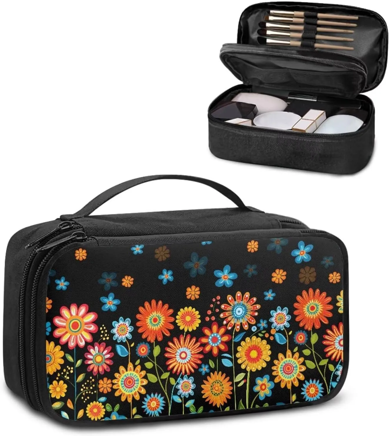 Hippie Daisy Makeup Bag for Global Explorers Travel Square Cosmetic Organizer with 8 Loops & 4 Pockets | Personalized Gifts for Women, Teens | Compact Makeup Bag for Purse & Adventures