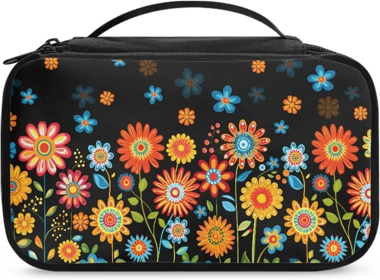 Hippie Daisy Makeup Bag for Global Explorers Travel Square Cosmetic Organizer with 8 Loops & 4 Pockets | Personalized Gifts for Women, Teens | Compact Makeup Bag for Purse & Adventures