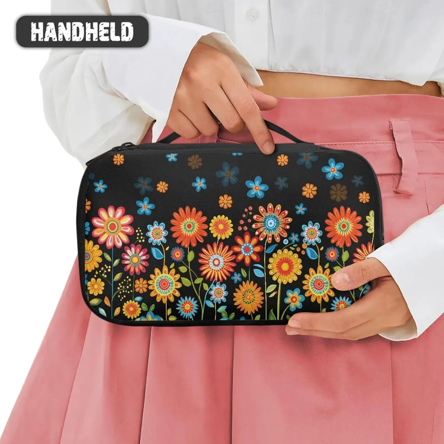 Hippie Daisy Makeup Bag for Global Explorers Travel Square Cosmetic Organizer with 8 Loops & 4 Pockets | Personalized Gifts for Women, Teens | Compact Makeup Bag for Purse & Adventures