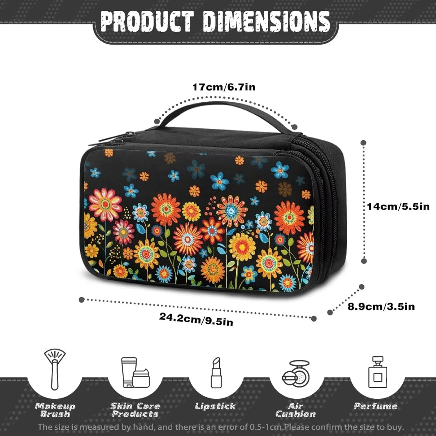 Hippie Daisy Makeup Bag for Global Explorers Travel Square Cosmetic Organizer with 8 Loops & 4 Pockets | Personalized Gifts for Women, Teens | Compact Makeup Bag for Purse & Adventures