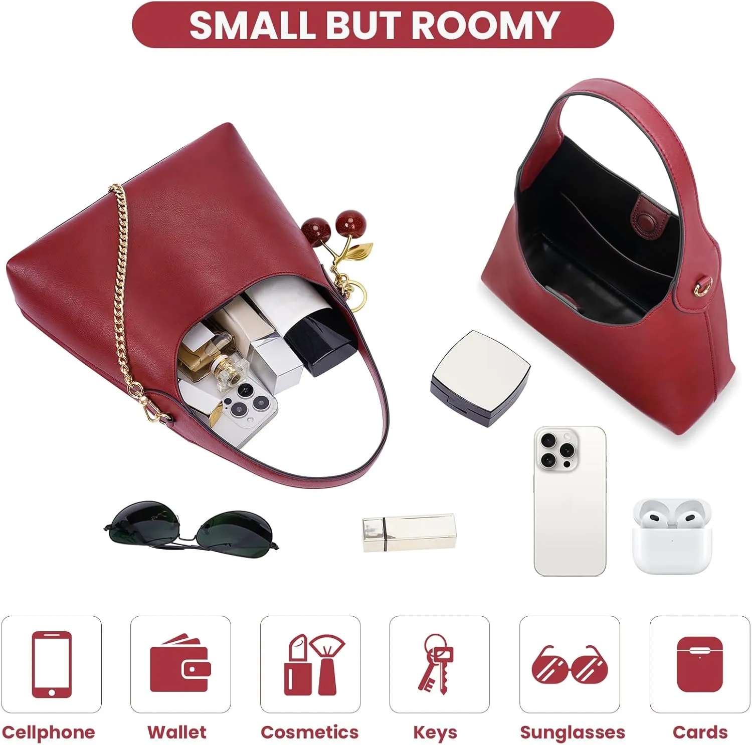 Hobo Bags for Women Leather Shoulder Bag Tote Handbag Cherry Purse Small Hobo Crossbody Bag Vintage Shoulder Handbag