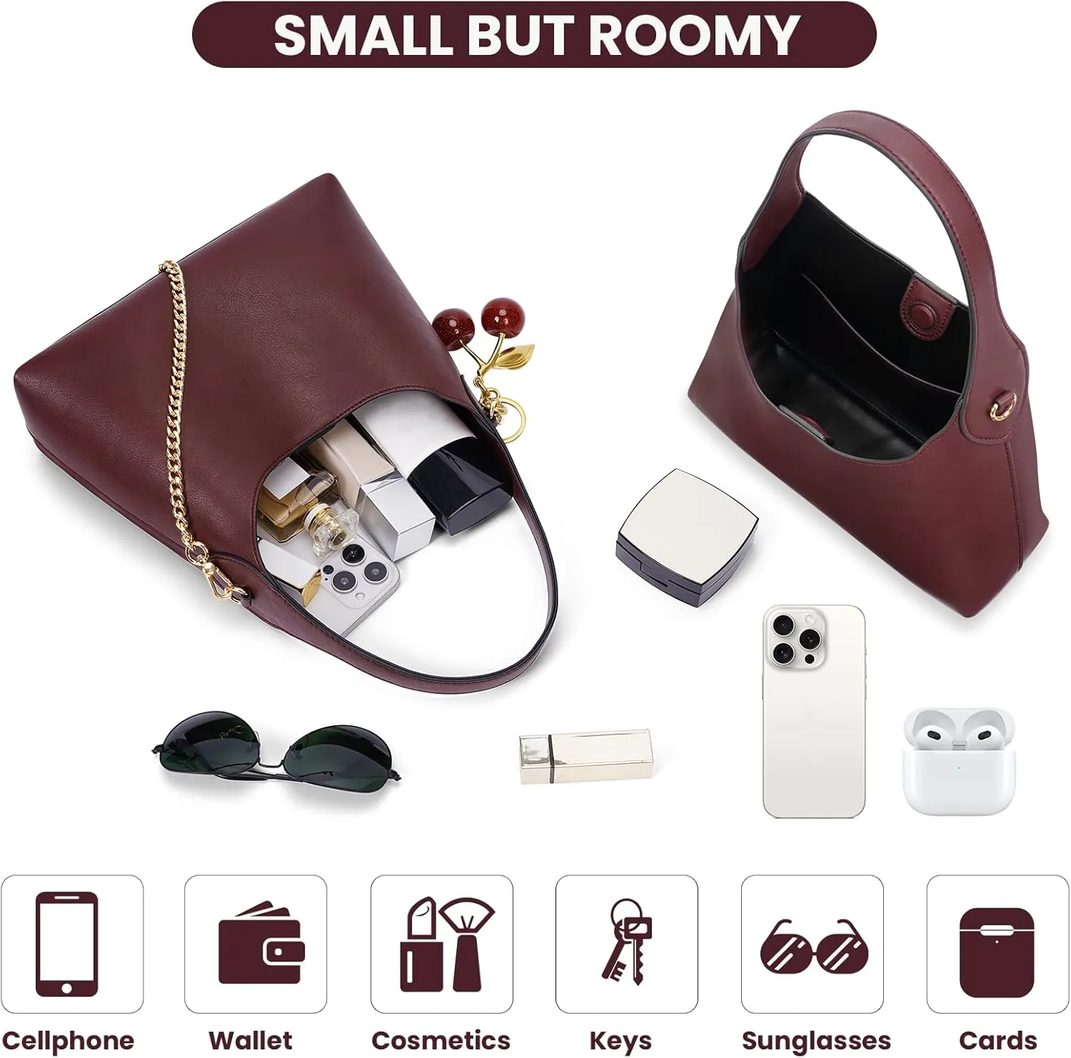 Hobo Bags for Women Leather Shoulder Bag Tote Handbag Cherry Purse Small Hobo Crossbody Bag Vintage Shoulder Handbag