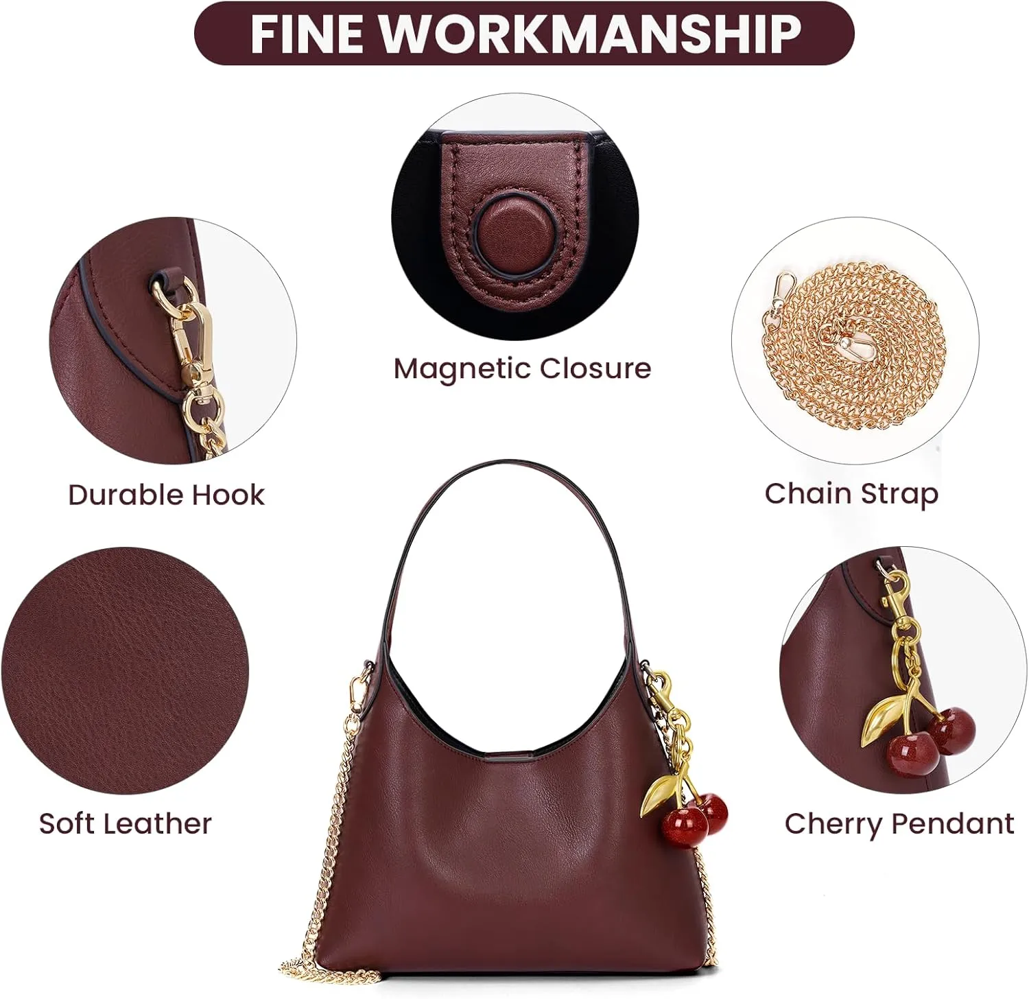 Hobo Bags for Women Leather Shoulder Bag Tote Handbag Cherry Purse Small Hobo Crossbody Bag Vintage Shoulder Handbag