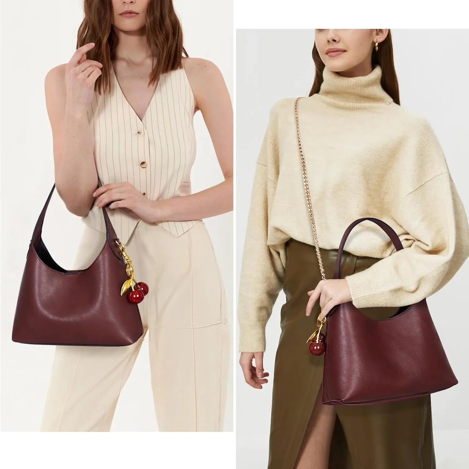 Hobo Bags for Women Leather Shoulder Bag Tote Handbag Cherry Purse Small Hobo Crossbody Bag Vintage Shoulder Handbag