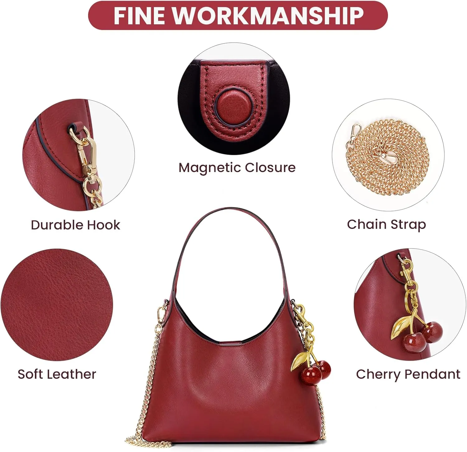 Hobo Bags for Women Leather Shoulder Bag Tote Handbag Cherry Purse Small Hobo Crossbody Bag Vintage Shoulder Handbag