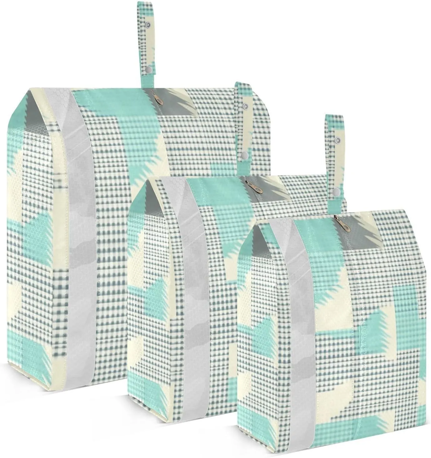 Houndstooth Checked Neutral Turquoise 3 Piecing Packing Travel Bag With Zipper Garment Bag Closet Storage Bags For Clothing Travel Must Haves